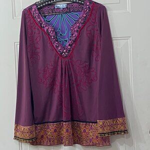 Hale Bob Sz S Blouse Tunic Long Sleeve Knit/Silk Purple/Multi Beaded